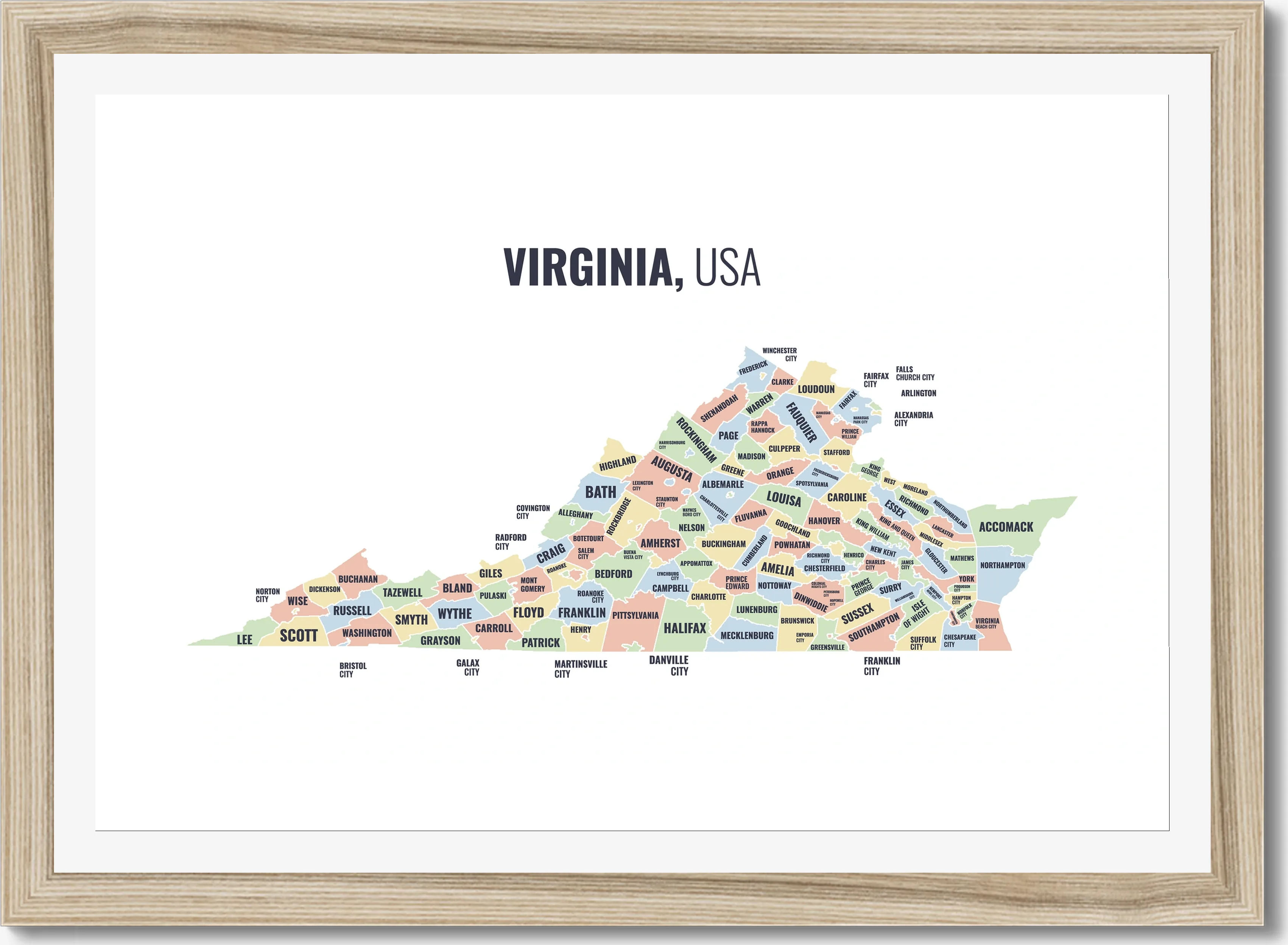 Region map of Virginia, all 95 regions and its 38 independent cities named