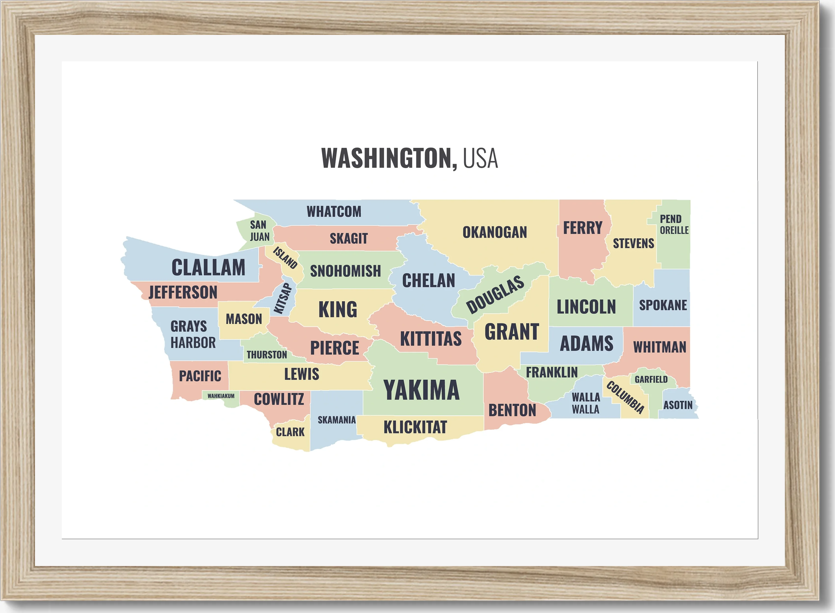 County map of Washington, all 39 counties named