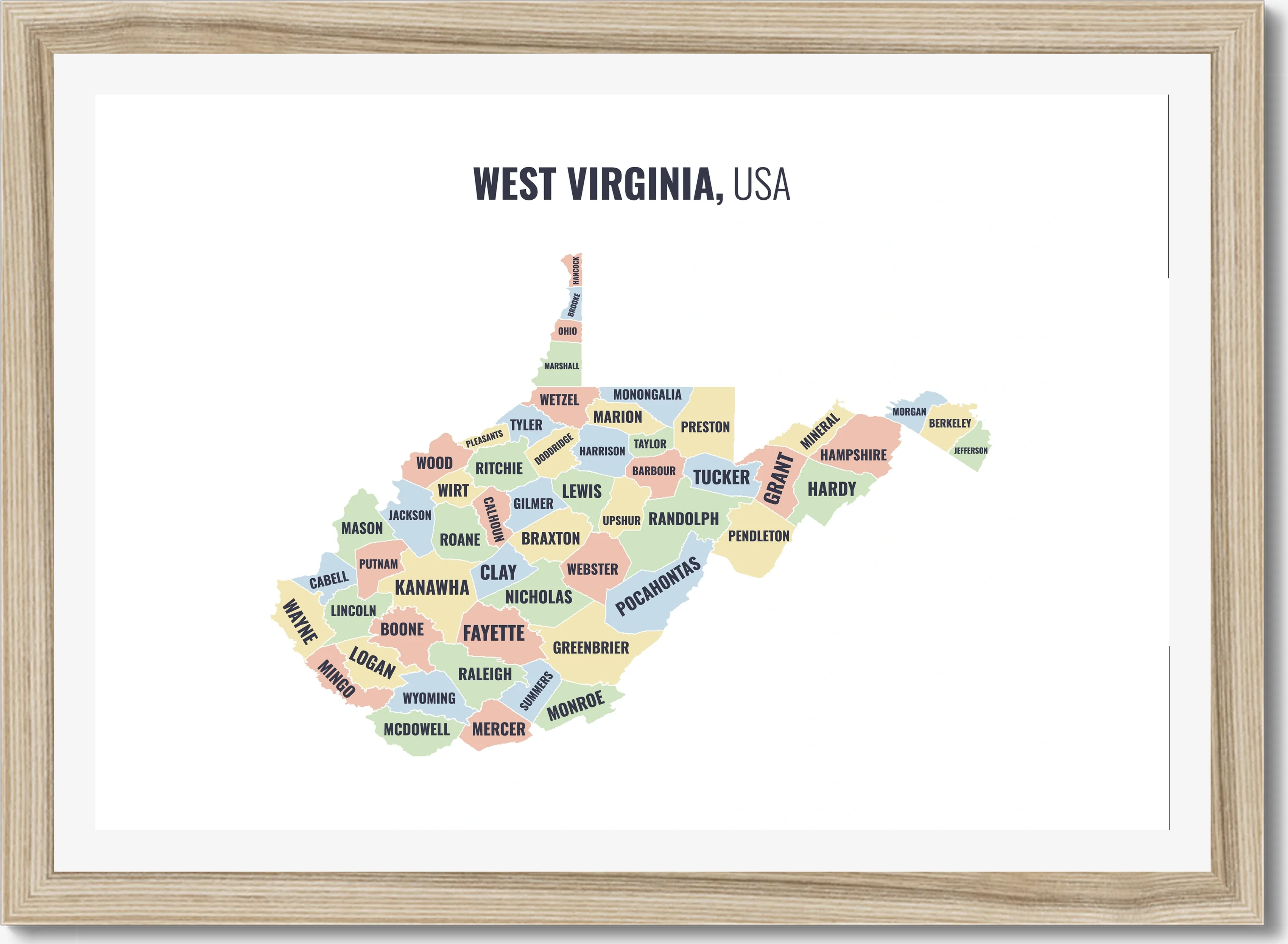 County map of West Virginia, all 55 counties named