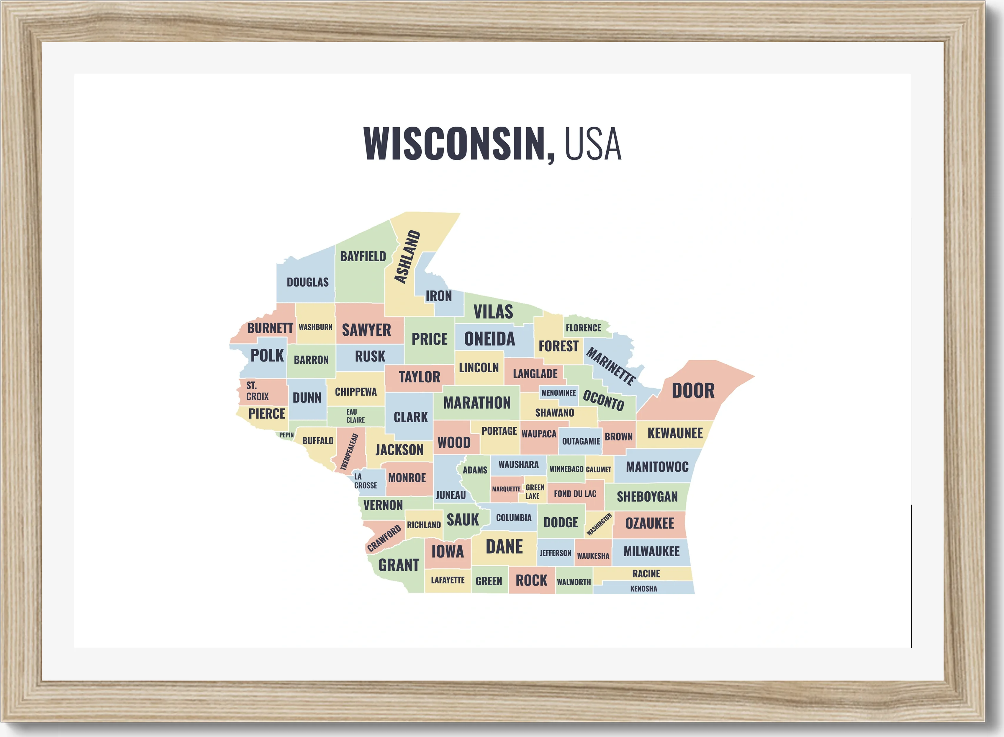 County map of Wisconsin, all 72 counties named
