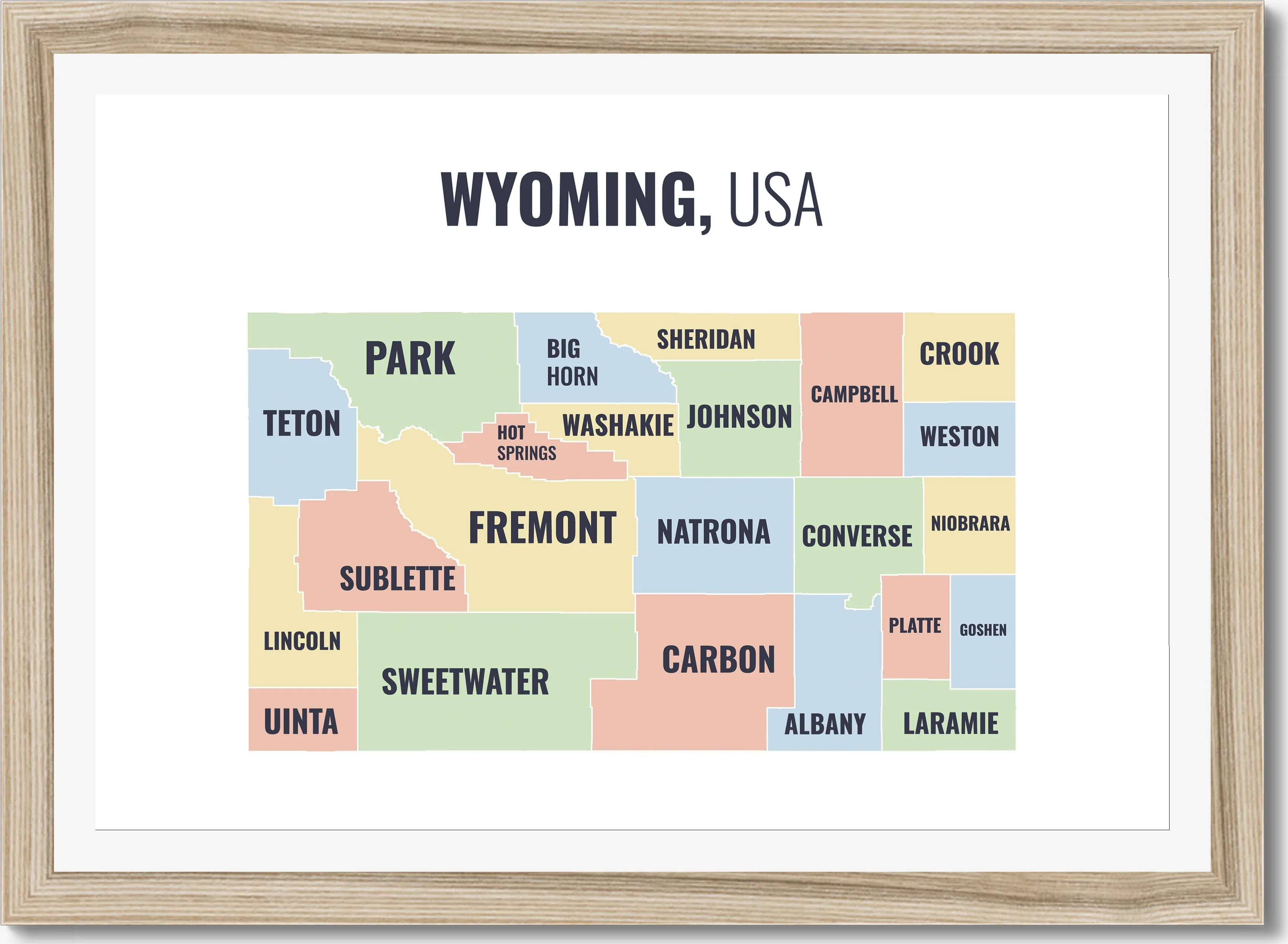 County map of Wyoming, all 23 counties named